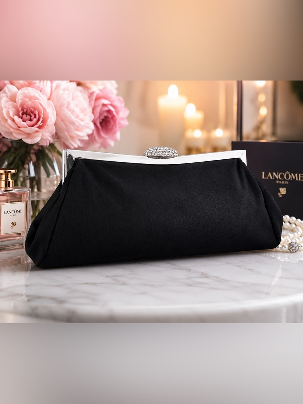Lancôme Black Satin Rhinestone Clutch Evening Bag Glam Coquette Wedding Formal